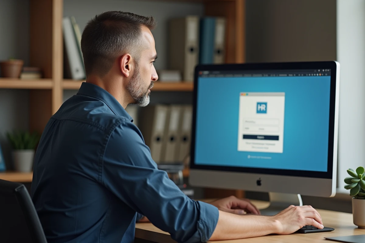 Homme en télétravail accédant à son compte MyPeopleDoc depuis un bureau à domicile
