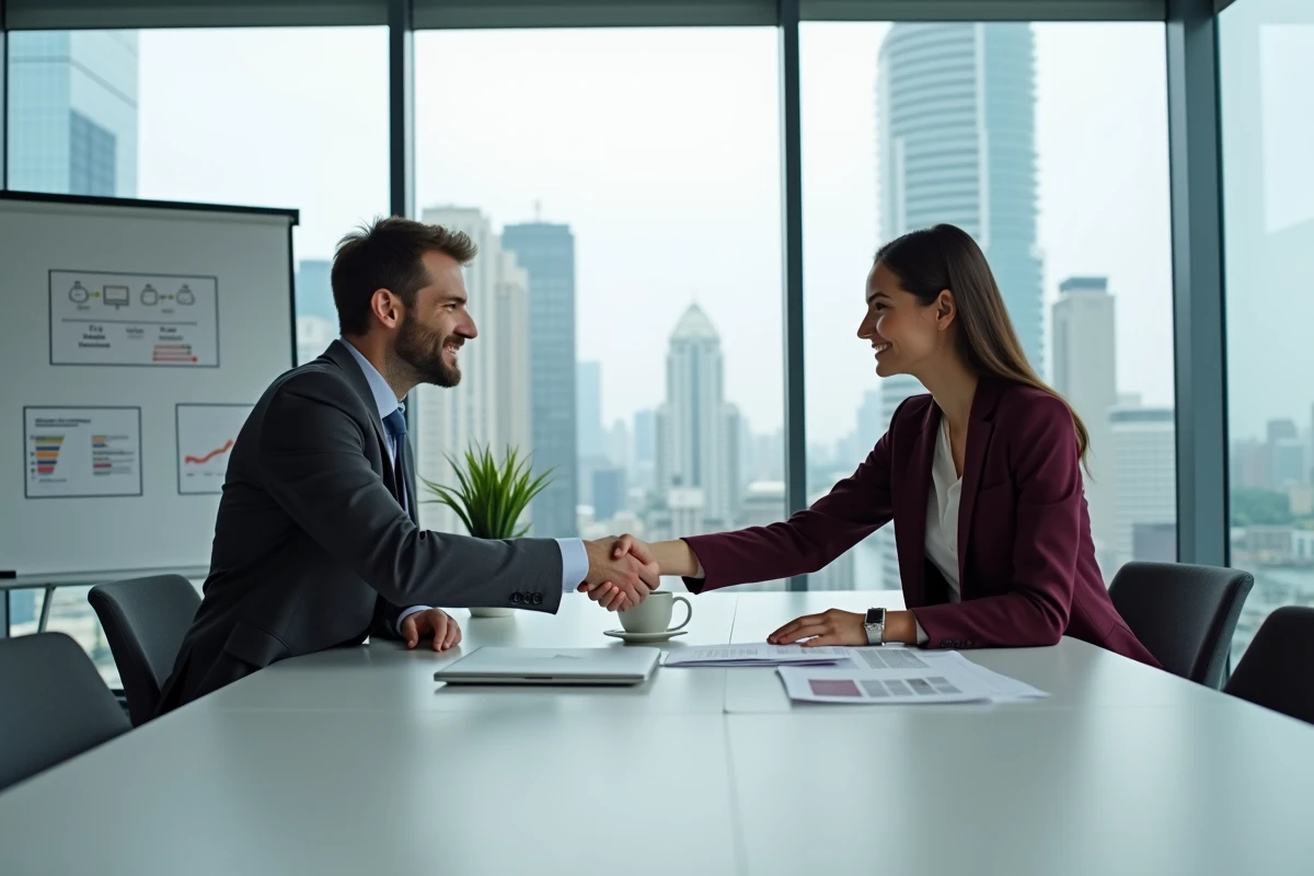 Deux professionnels B2B concluant un accord commercial dans une salle de réunion moderne avec vue sur la ville