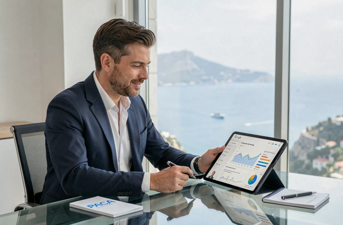 Expert Google Ads d'Ads Up Consulting présentant un audit stratégique à un client dans un bureau avec vue sur la côte méditerranéenne