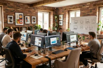 Bureau d'une agence de création de sites internet dans les Deux-Sèvres avec des développeurs web travaillant sur des maquettes