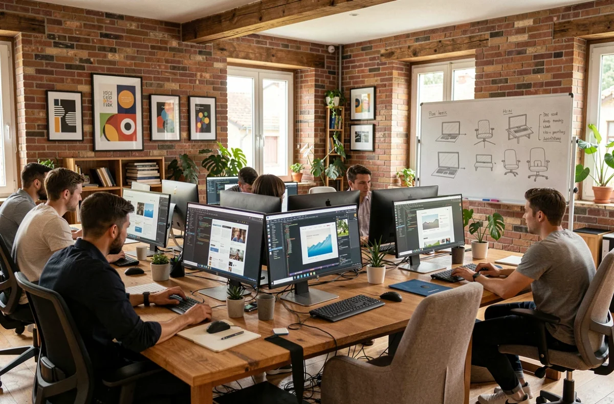 Bureau d'une agence de création de sites internet dans les Deux-Sèvres avec des développeurs web travaillant sur des maquettes