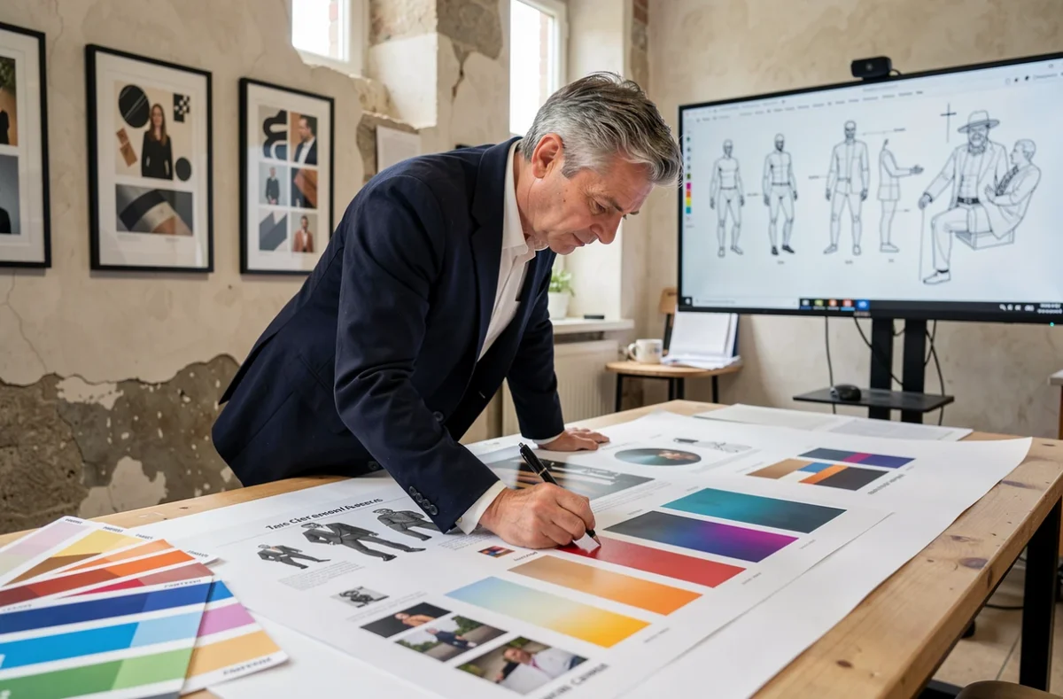 Directeur artistique de l'agence Debussac révisant des créations graphiques dans son studio à Clermont-Ferrand