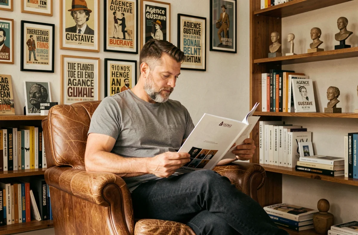 Directeur créatif de l'Agence Gustave feuilletant un brand book dans un studio décoré de posters illustrés et d'objets vintage mid-century