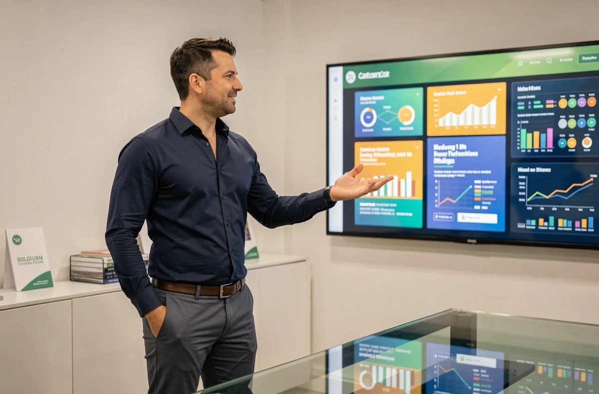 Directeur créatif de l'agence Overscan présentant une stratégie de marketing digital sur grand écran