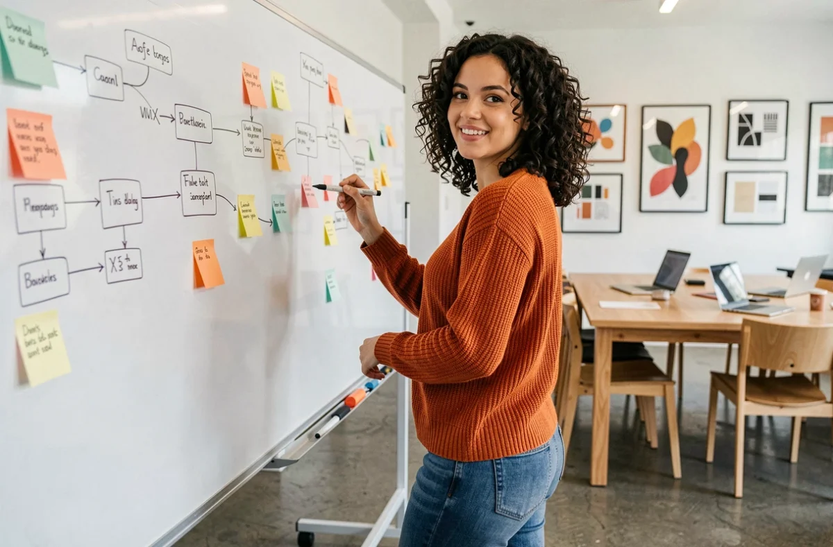 Designer UX de l'agence web Ultrō à Clermont-Ferrand présentant une architecture de projet sur tableau blanc