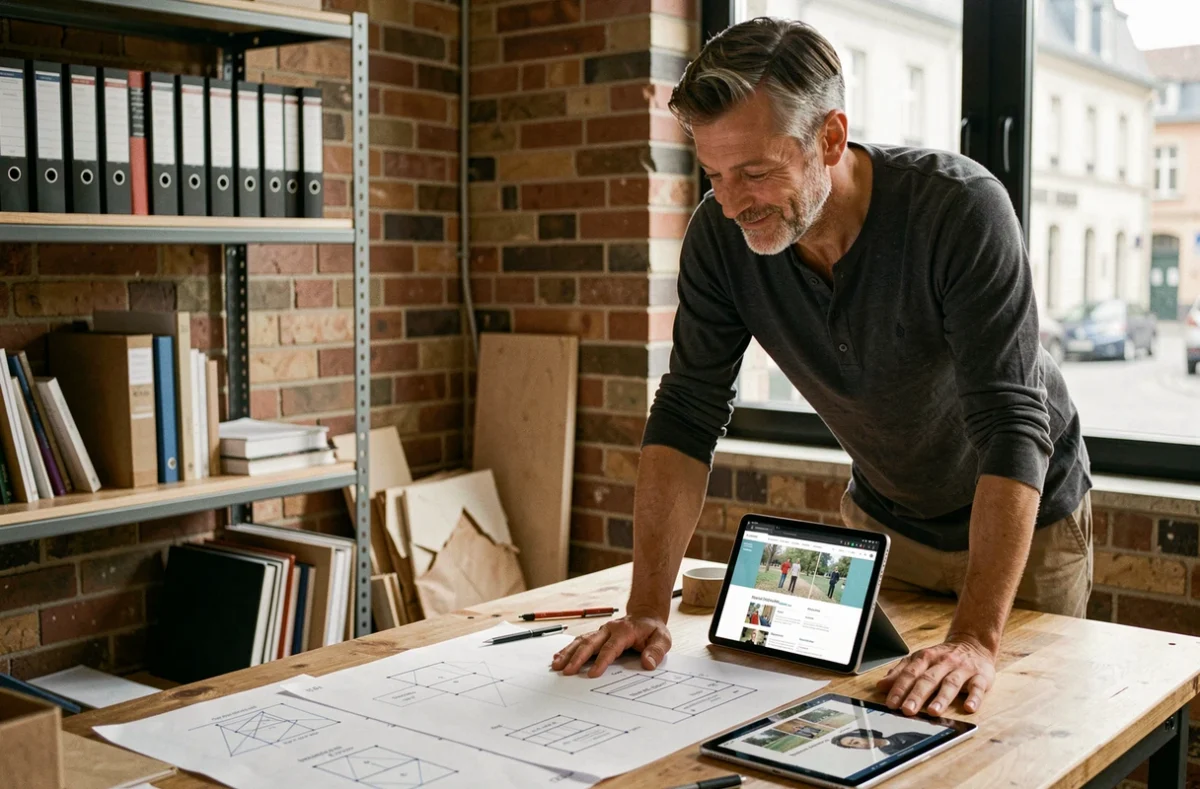 Expert en création et référencement de site web chez Vistanet analysant des maquettes de projet