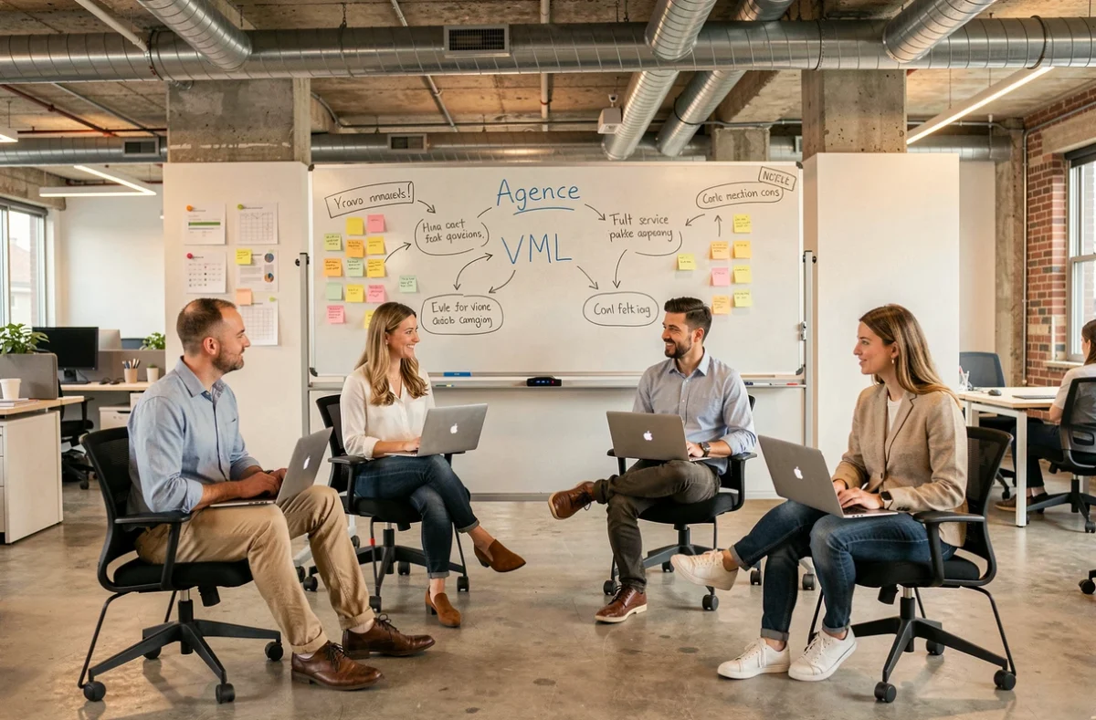 Équipe de l'Agence VML en session de brainstorming créatif devant un grand tableau blanc couvert de concepts de campagne dans un bureau collaboratif