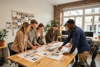 Équipe d'une agence de communication des Pays de la Loire réunie autour d'une table de réunion avec des maquettes et planches créatives