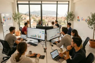 Vue d'ensemble d'une agence Google Ads moderne en Provence-Alpes-Côte d'Azur avec équipe au travail devant des tableaux de bord analytiques