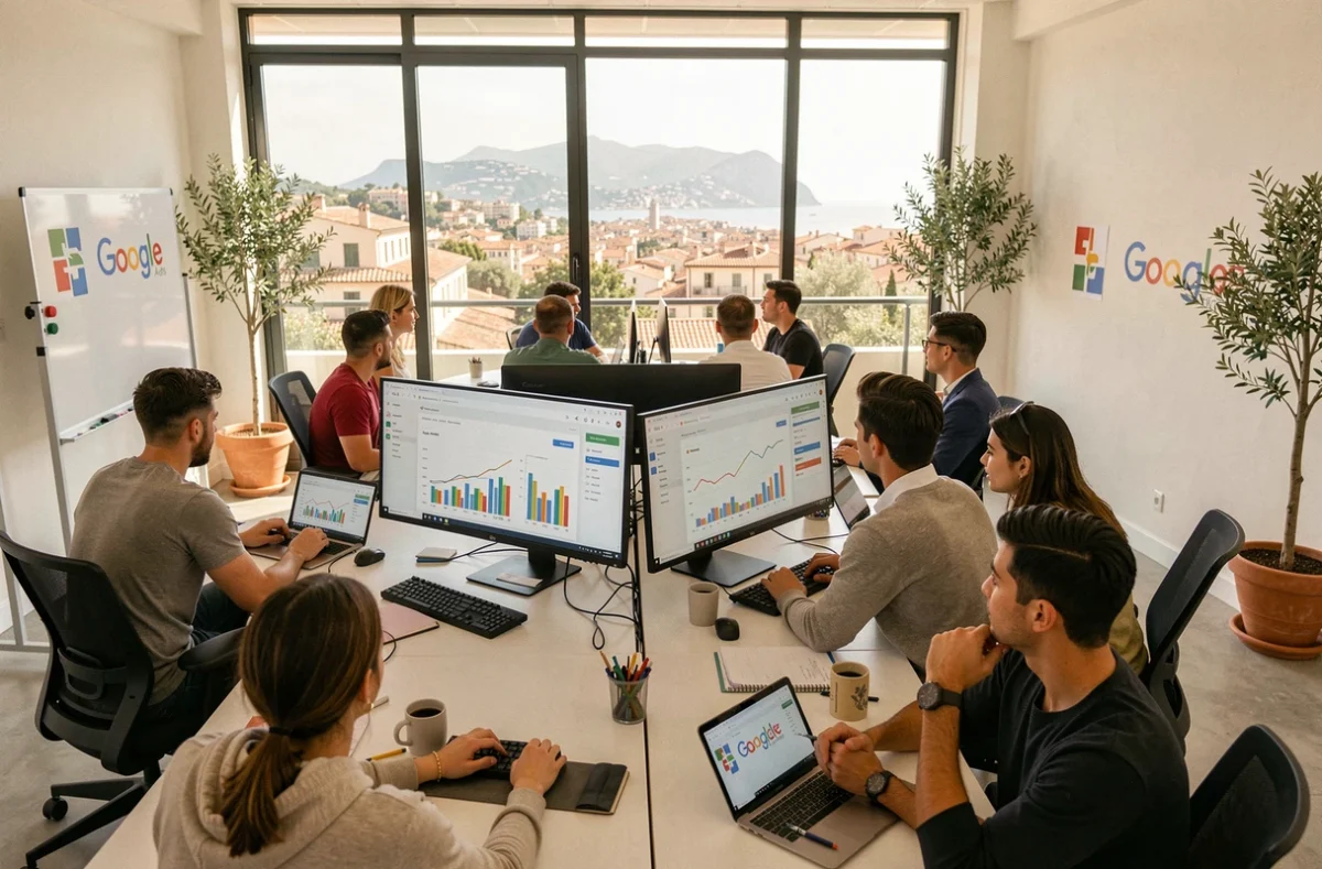 Vue d'ensemble d'une agence Google Ads moderne en Provence-Alpes-Côte d'Azur avec équipe au travail devant des tableaux de bord analytiques