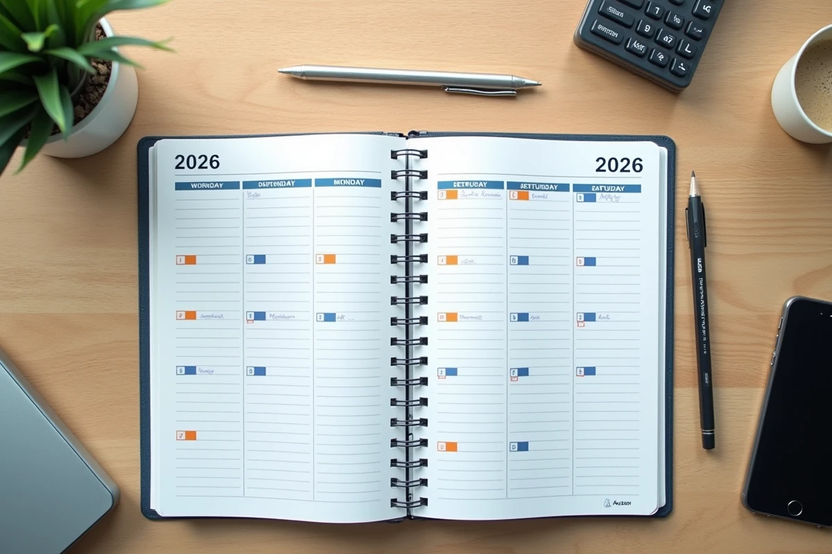 Vue aérienne d'un agenda 2026 annoté avec jours travaillés surlignés, calculatrice et simulateur de salaire net sur smartphone