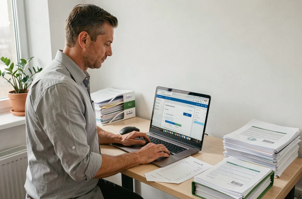 Agent administratif La Poste consultant simultanément les portails GTA et m@rh sur laptop avec documents RH