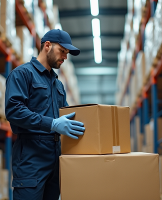 Agent d'entrepot organisant des cartons dans un centre logistique