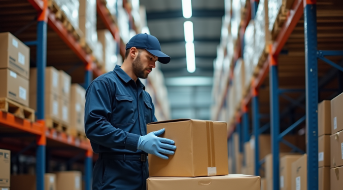 Agent d'entrepot organisant des cartons dans un centre logistique