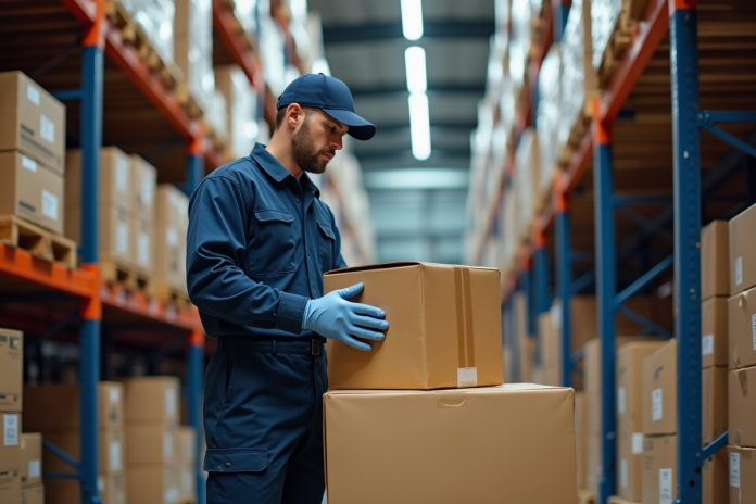 agent-entrepot-organisation Agent d'entrepot organisant des cartons dans un centre logistique