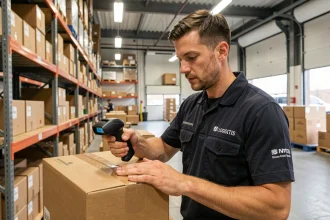 Agent de livraison scannant un colis dans un entrepôt logistique urbain, illustrant la fiabilité d'un service de messagerie