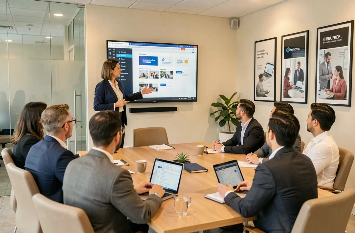 Consultante de l'agence Agestis à Niort présentant un projet de communication à des clients en salle de réunion