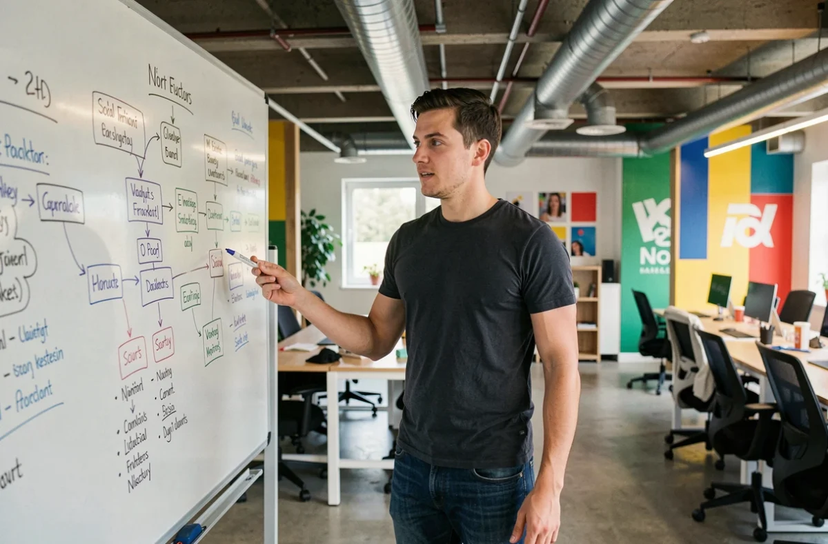 Stratège digital de l'agence Airmis à Niort développant une stratégie de campagne numérique au tableau blanc