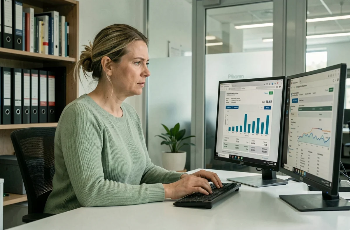 Responsable média analysant seule les performances budgétaires comparées entre une agence traditionnelle et Maxus Agency sur deux écrans de tableaux de bord