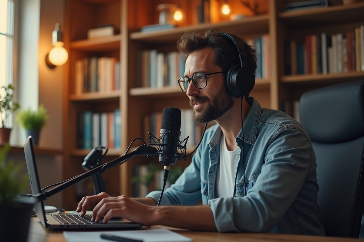 Hôte de podcast seul parlant dans un bureau lumineux