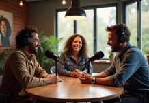 Trois animateurs de podcast dans un studio moderne et chaleureux
