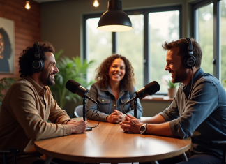 Optimiser un podcast : combien d’hôtes sont nécessaires ? Trois animateurs de podcast dans un studio moderne et chaleureux