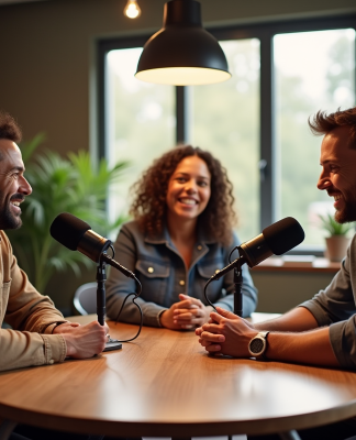 Trois animateurs de podcast dans un studio moderne et chaleureux