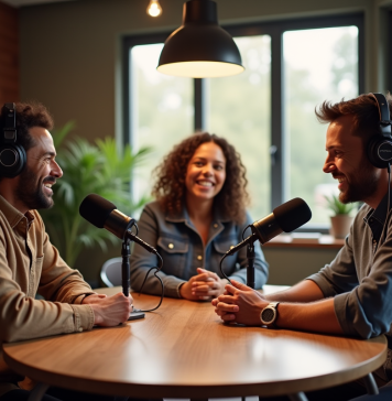 Optimiser un podcast : combien d’hôtes sont nécessaires ? Trois animateurs de podcast dans un studio moderne et chaleureux