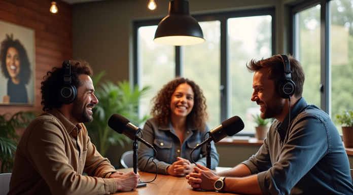 Trois animateurs de podcast dans un studio moderne et chaleureux