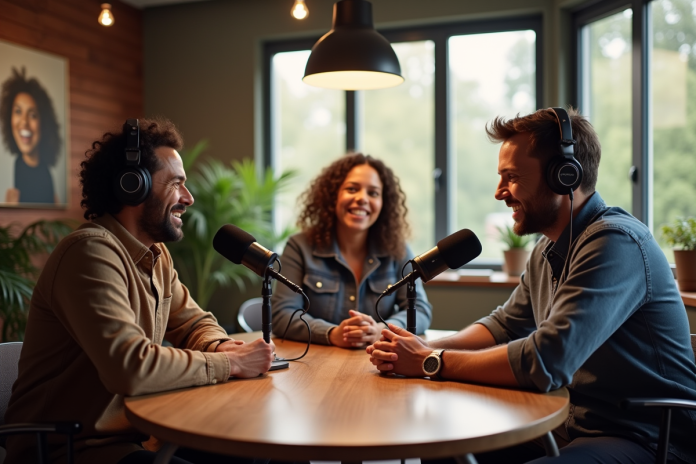 animateurs-podcast-studio Trois animateurs de podcast dans un studio moderne et chaleureux