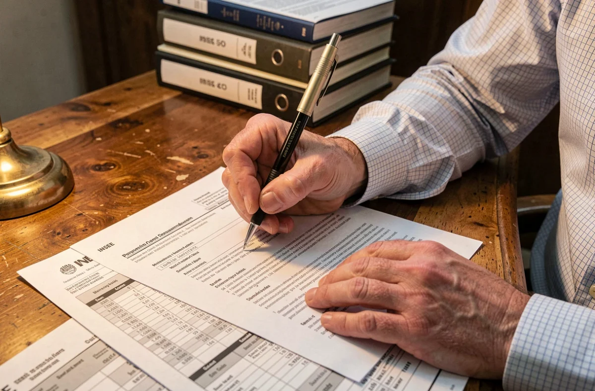 Mains annotant un contrat de marché public en s'appuyant sur les données chiffrées de l'index ING de l'INSEE