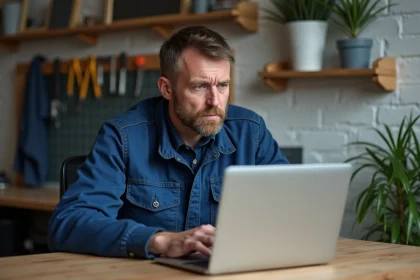 Artisan homme d'âge moyen vérifiant son profil artisanen1clic