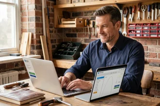 Artisan masculin inscrivant son activité sur une plateforme en ligne depuis son atelier
