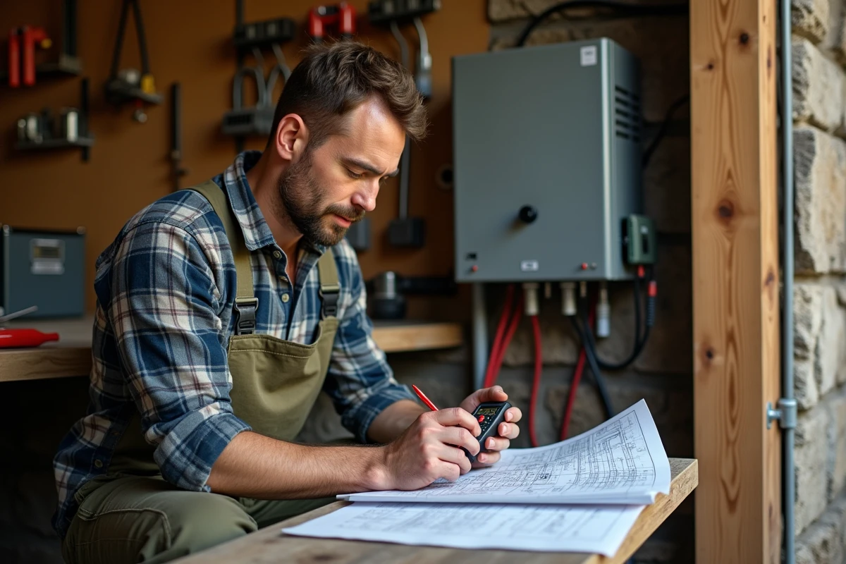 Artisan électricien local configurant un onduleur solaire dans un garage avec outils et schéma technique