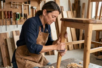 Artisane ébéniste travaillant le bois dans son atelier, illustration du métier d'artisane au féminin