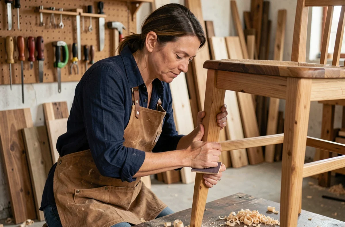 Artisane ébéniste travaillant le bois dans son atelier, illustration du métier d'artisane au féminin
