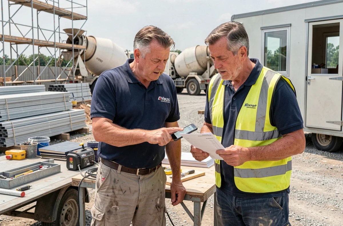 Deux artisans du bâtiment consultant une plateforme d'inscription en ligne sur chantier