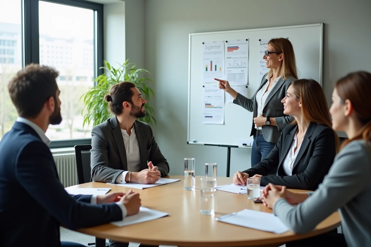 Atelier de prévention en entreprise sur les risques liés à l'alcool au travail, avec des collègues attentifs autour d'une table de réunion et une animatrice devant un tableau blanc