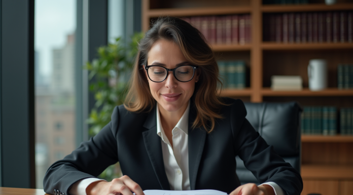 Avocate femme en bureau moderne avec livres de droit