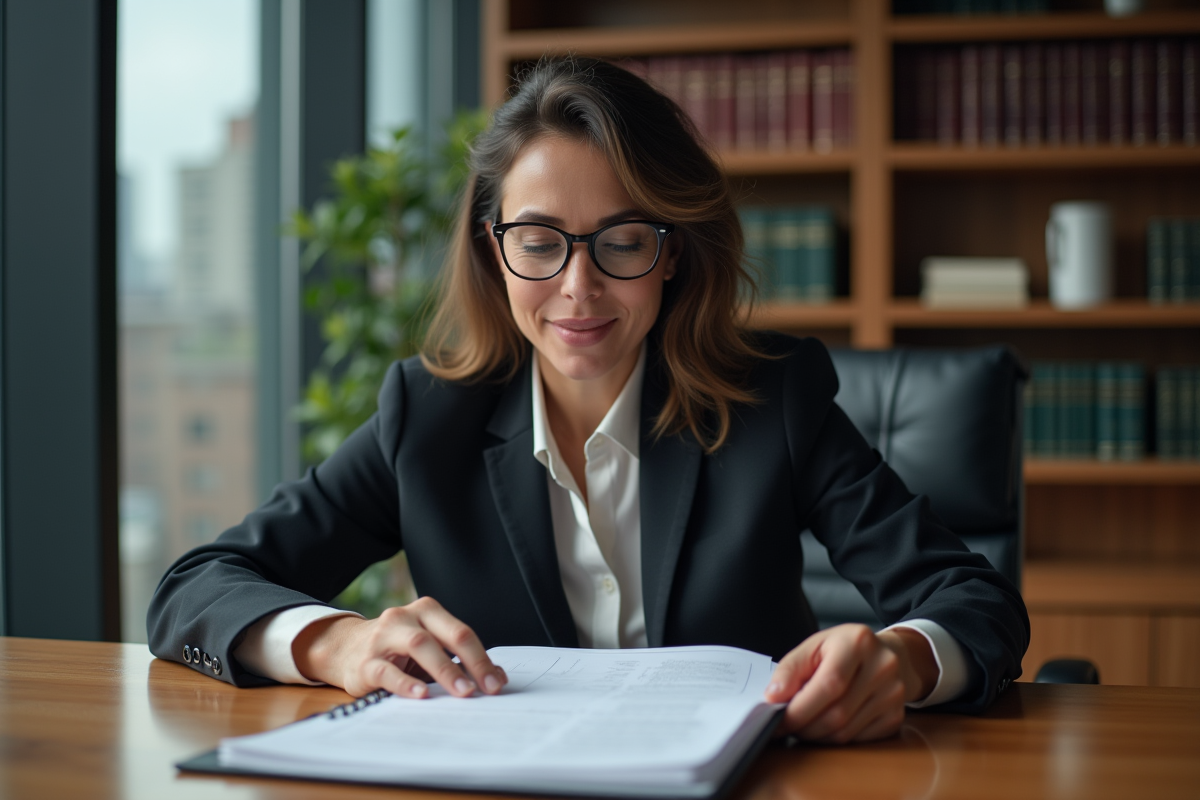Avocate femme en bureau moderne avec livres de droit