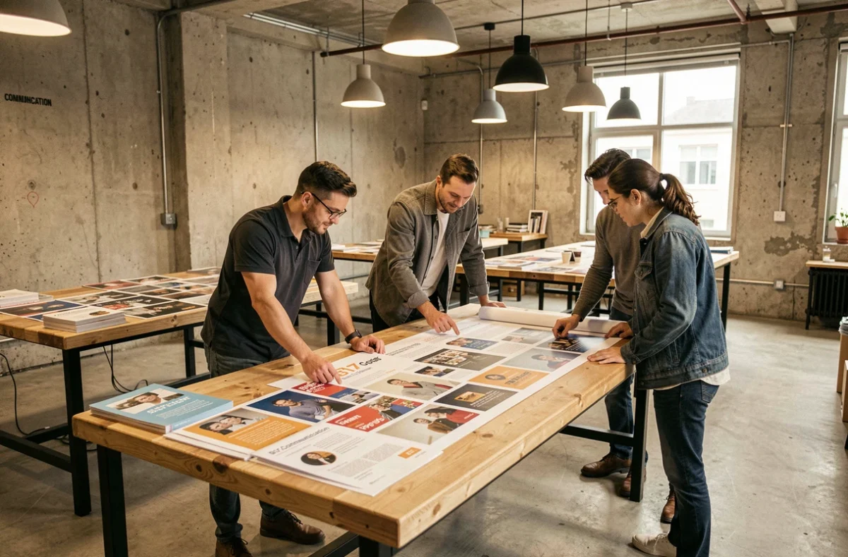 Équipe de B17 Communication examinant des maquettes publicitaires et visuels print sur une grande table dans un studio de style industriel