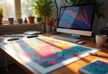 Espace de travail créatif avec affiche et flyer colorés