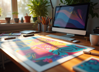 Différence entre affiche et flyer : utilisation et design Espace de travail créatif avec affiche et flyer colorés