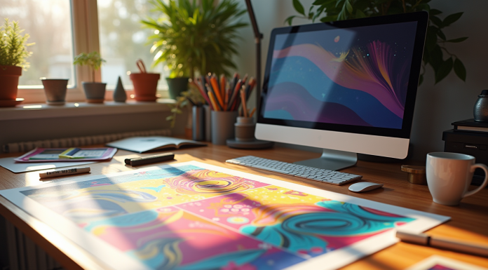 Espace de travail créatif avec affiche et flyer colorés