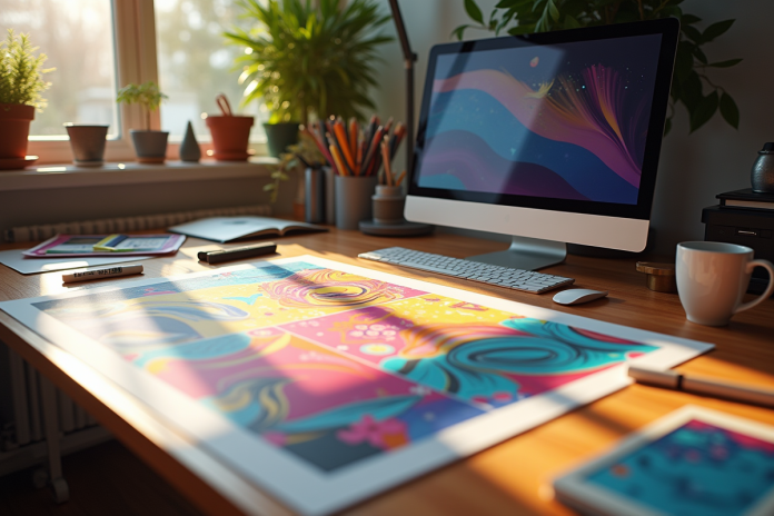 Espace de travail créatif avec affiche et flyer colorés