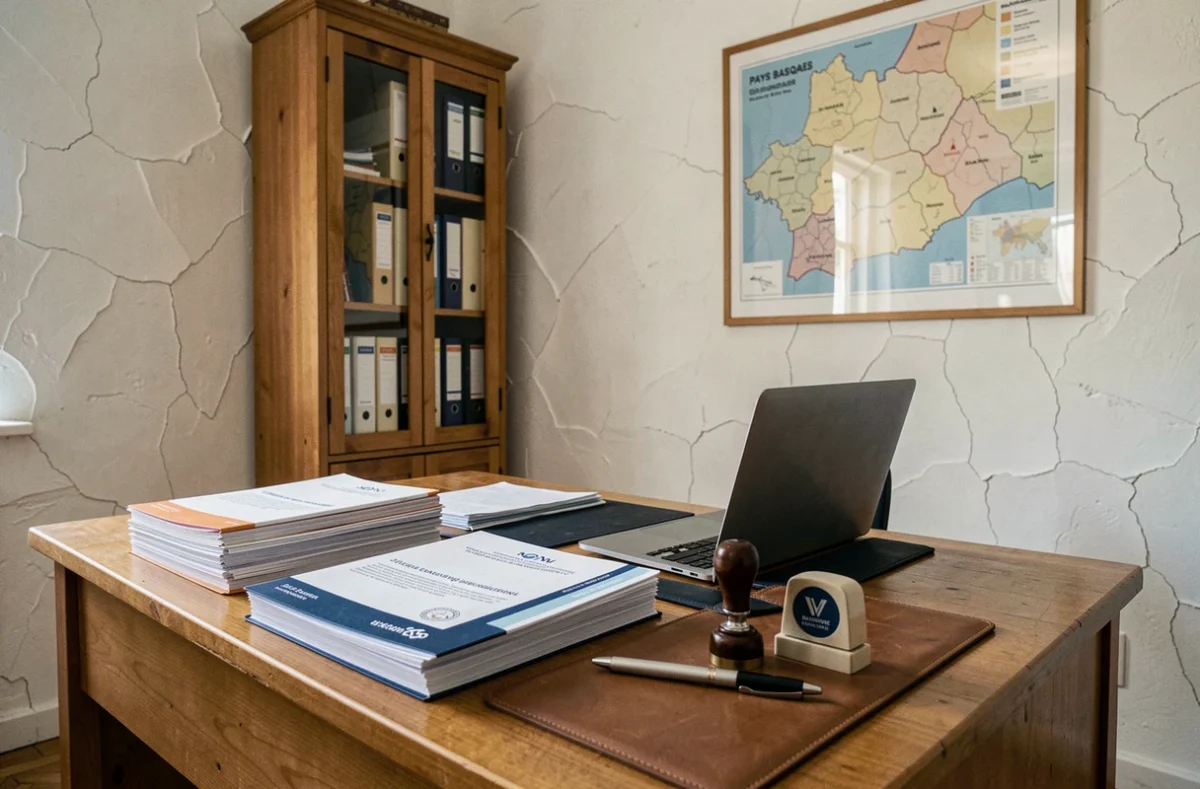 Bureau de domiciliation d'entreprise à Bayonne avec dossiers administratifs, tampon officiel et carte du Pays Basque illustrant les services d'adresse professionnelle