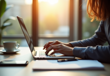 Professionnel au bureau avec ordinateur et café
