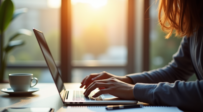 Professionnel au bureau avec ordinateur et café