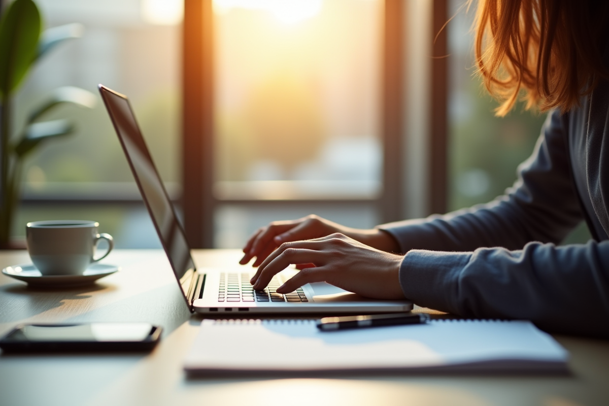 Professionnel au bureau avec ordinateur et café