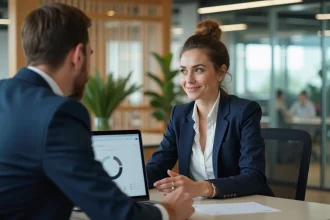 Responsable RH à son bureau d'accueil en entreprise, conseillant un collaborateur devant un écran de gestion des ressources humaines